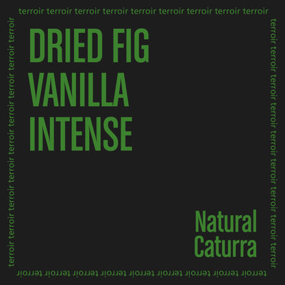Dark green label with 'Dried Fig Vanilla Intense' and 'Natural Caturra' text on a black background