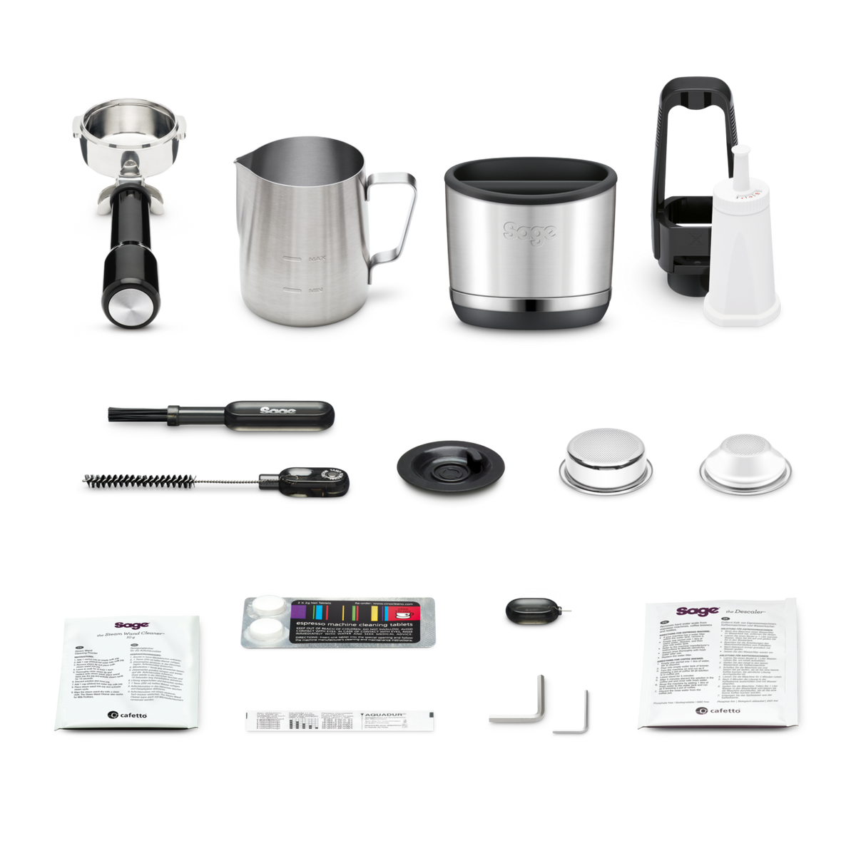 SAGE ORACLE DUAL BOILER accessories including portafilter, milk jug, and cleaning tools.
