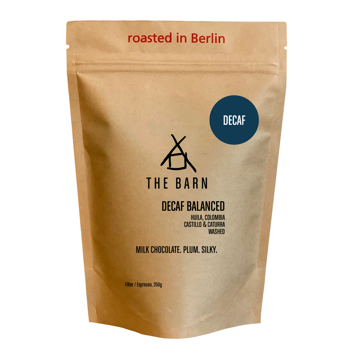 DECAF BALANCED coffee bag featuring a clean Colombian cup profile with notes of milk chocolate and plum.