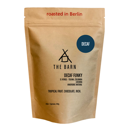 DECAF FUNKY coffee bag featuring tropical fruit and chocolate notes, from El Vergel, Tolima, Colombia.