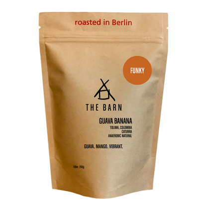 THE BARN Guava Banana whole bean coffee from Tolima, Colombia in retail packaging.