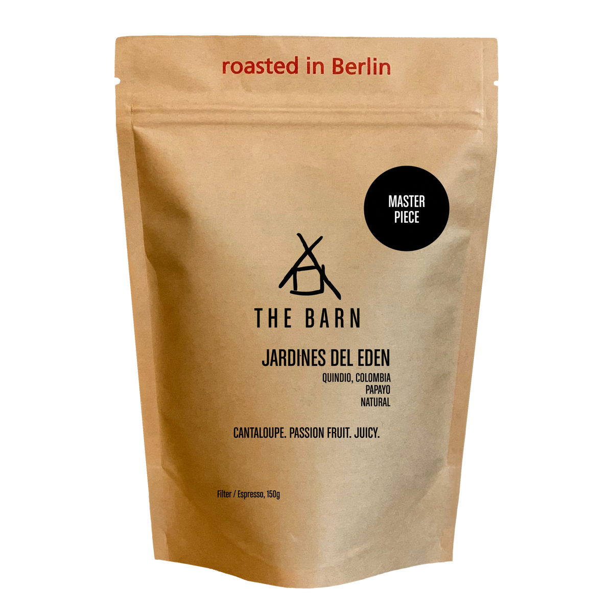 JARDINES DEL EDEN PAPAYO coffee package from The Barn, featuring tropical flavors of cantaloupe and passion fruit.