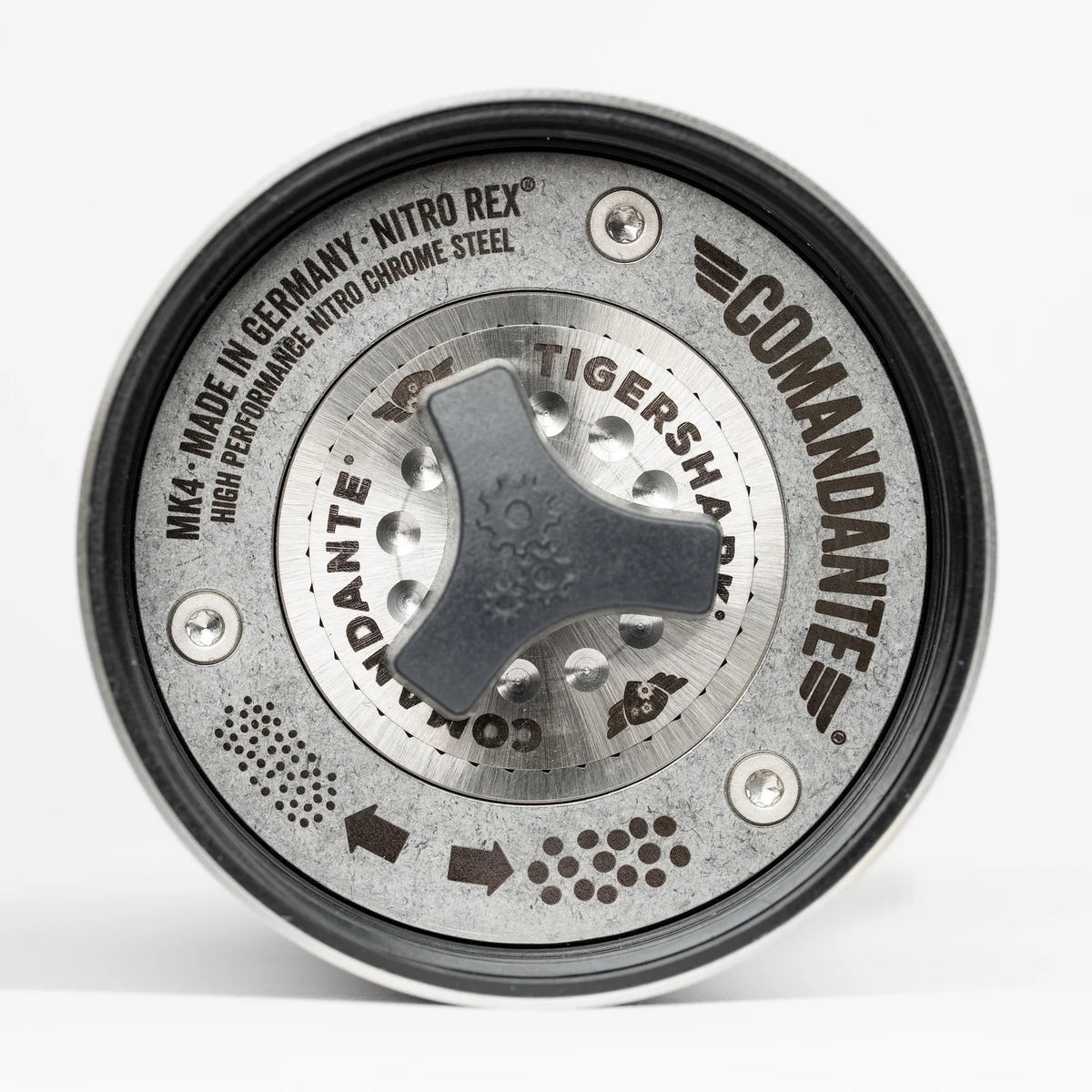 close-up of COMANDANTE C40 LAB SERIES burr set featuring Tigershark style and Nitro Rex stainless steel.