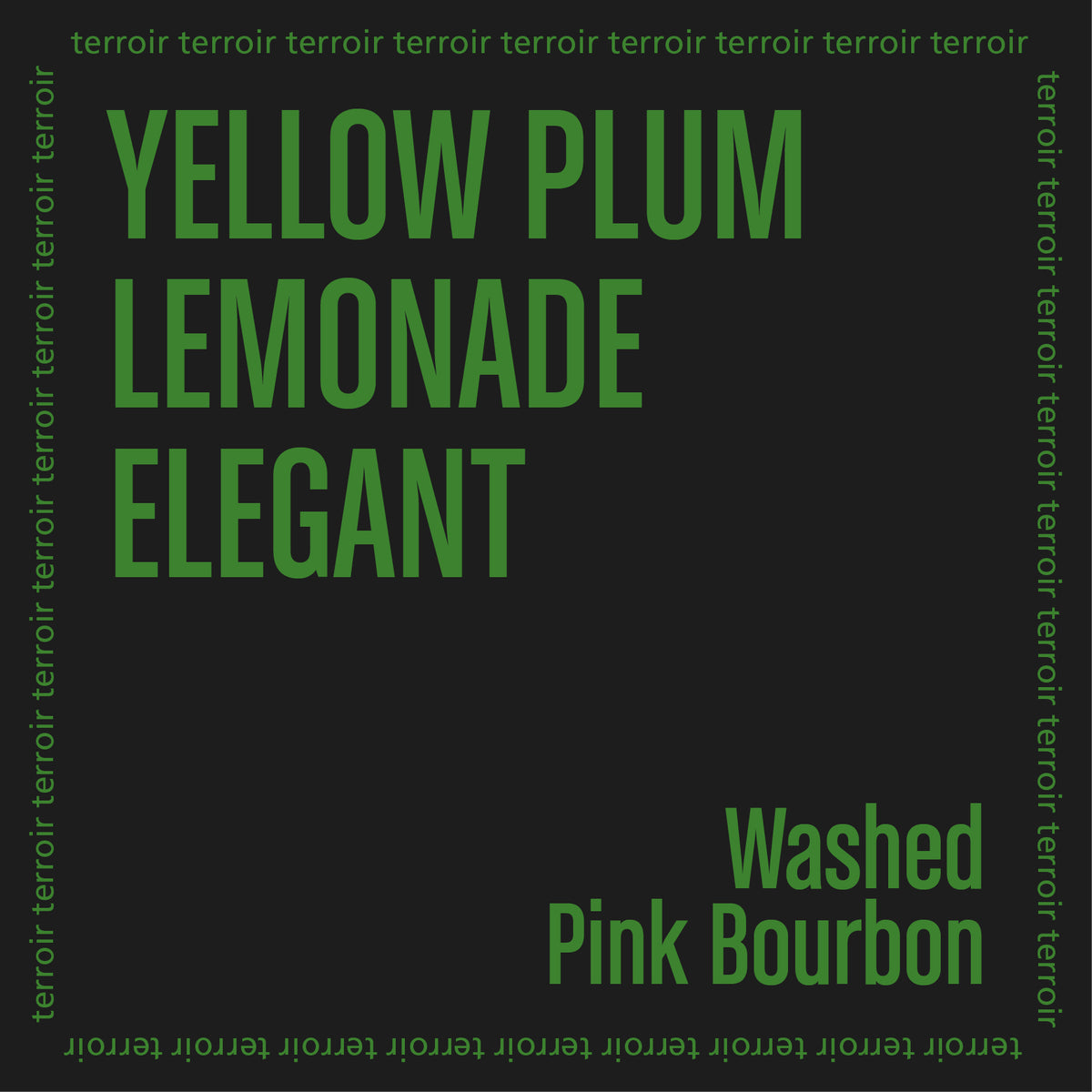Taste notes "Yellow Plum. Lemonade. Elegant. on a black background with green text